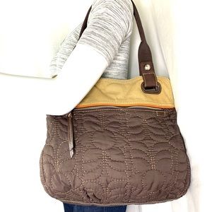 Fossil Key Per Brown Nylon Floral Quilted Medium Shoulder Tote Bag Purse 4423